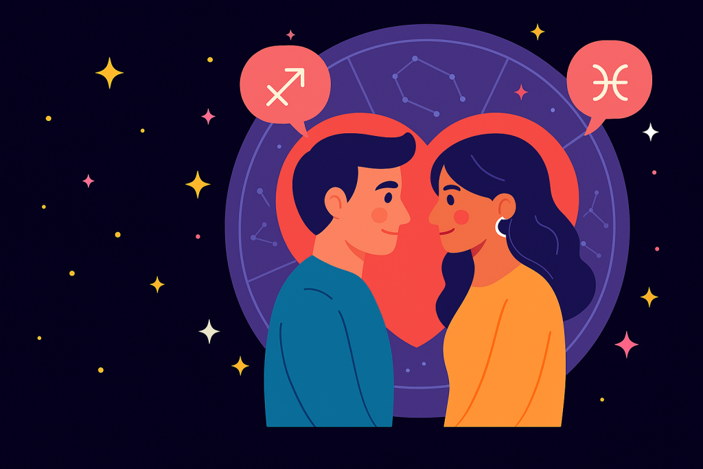 Hangi burçla uyumlusun?" sorusunu yönelten, astrolojik ilişki testi başlatma çağrısı içeren renkli çizim görseli