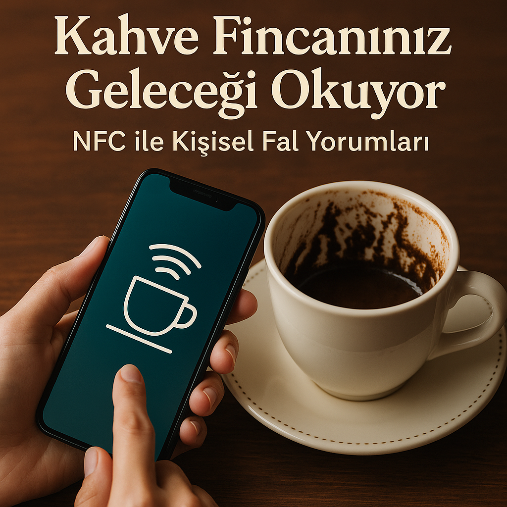 Telefonunu kahve fincanına yaklaştıran kullanıcı – NFC destekli kahve falı deneyimi, Mythura