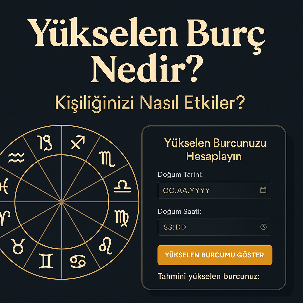Doğum tarihi ve saatiyle yükselen burç hesaplama arayüzü, zodyak çemberi ve kullanıcı formu – Mythura